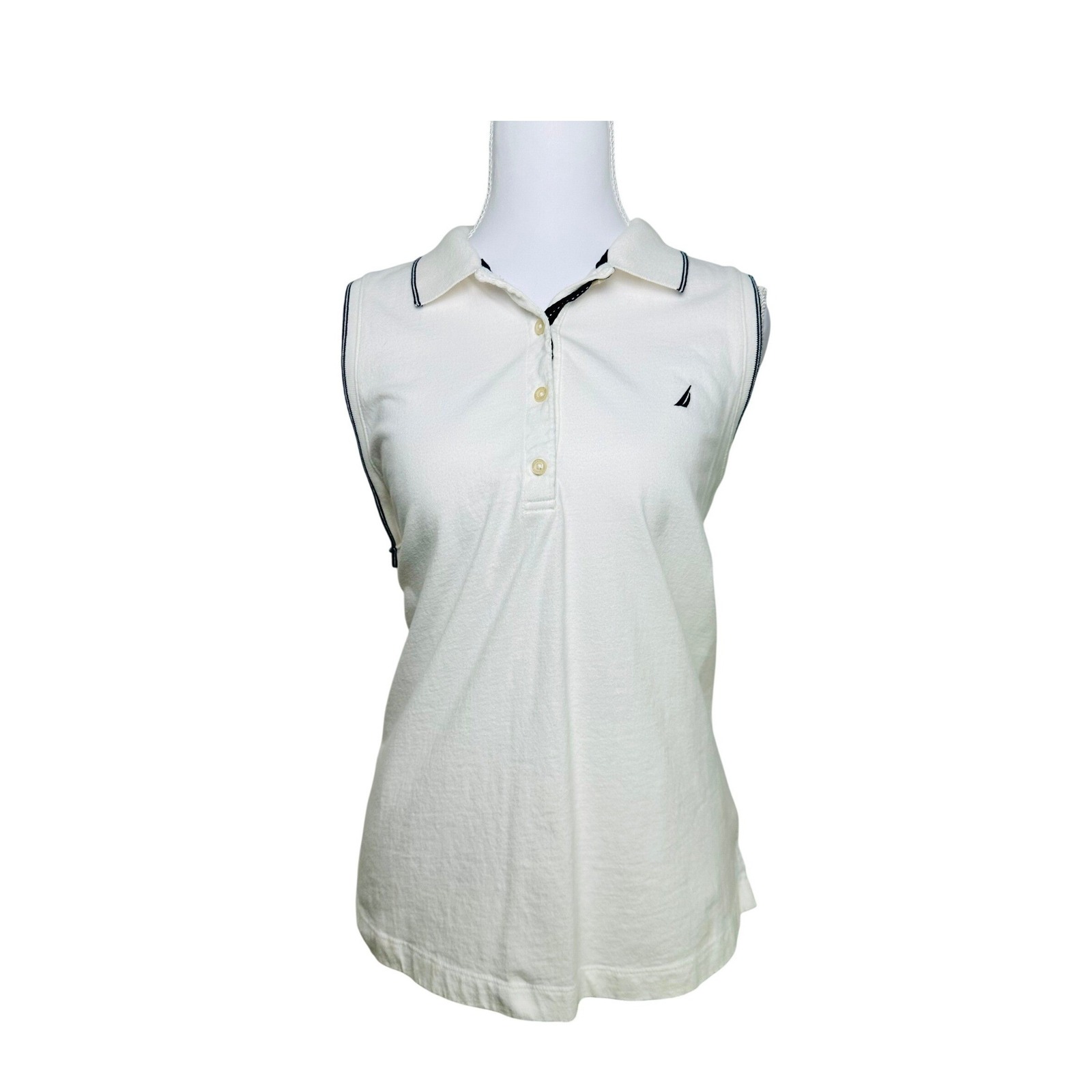 Nautica Womens Sleeveless Polo Shirt White Navy Trim Golf Tennis Top Size Large